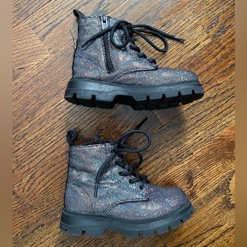 Zara- kids combat boots glitter shimmer black lace up zipper toddler girl 23